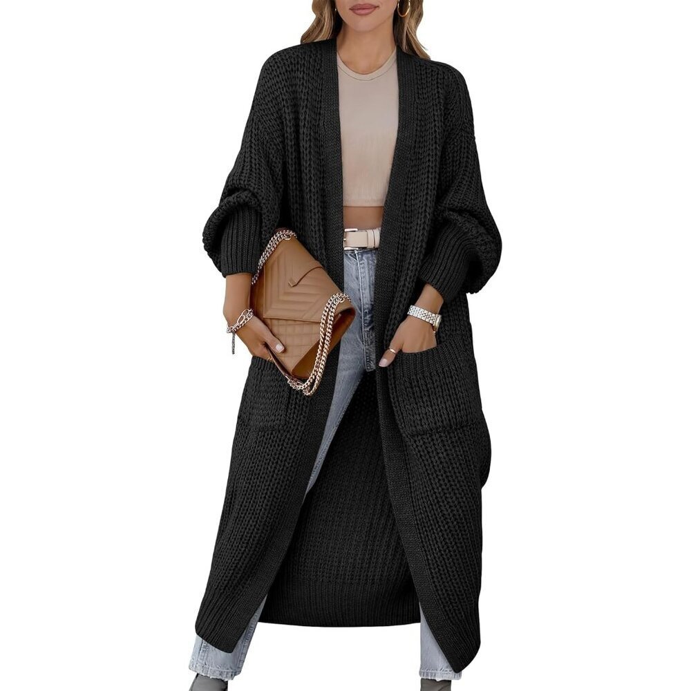 Women Knit Cardigan Sweater Long Sleeve Open Front Cozy Coat Plus Pockets